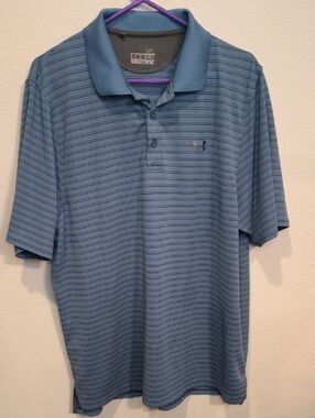 Under Armour Men’s Light Blue Thin-Striped Performance Polo XL Loose Heat Gear